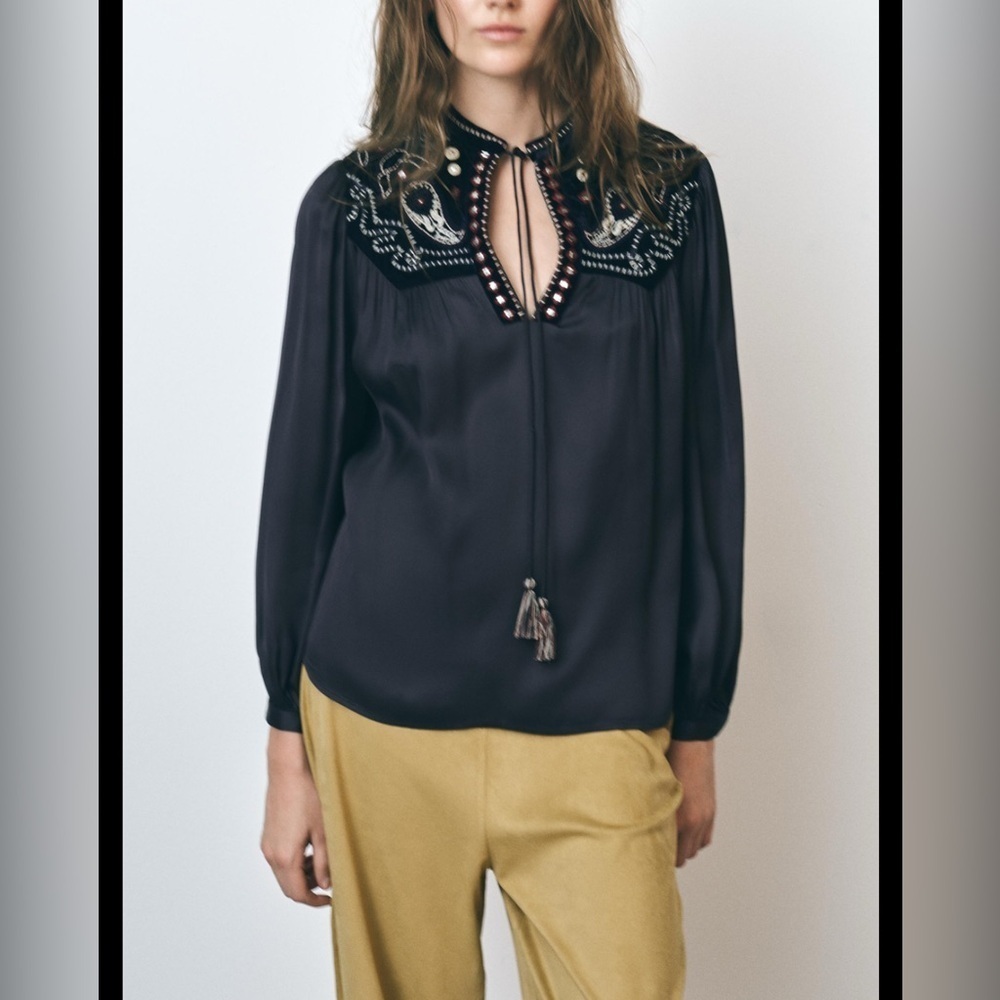 Zara velvet blouse embroidery NWOT